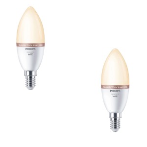 Zwei Philips Smart-LED-Leuchtmittel E14 Kerzenform, weiß, mit einstellbarem warm- bis kaltweißem Licht. Dimmbar, WiZ-App steuerbar.