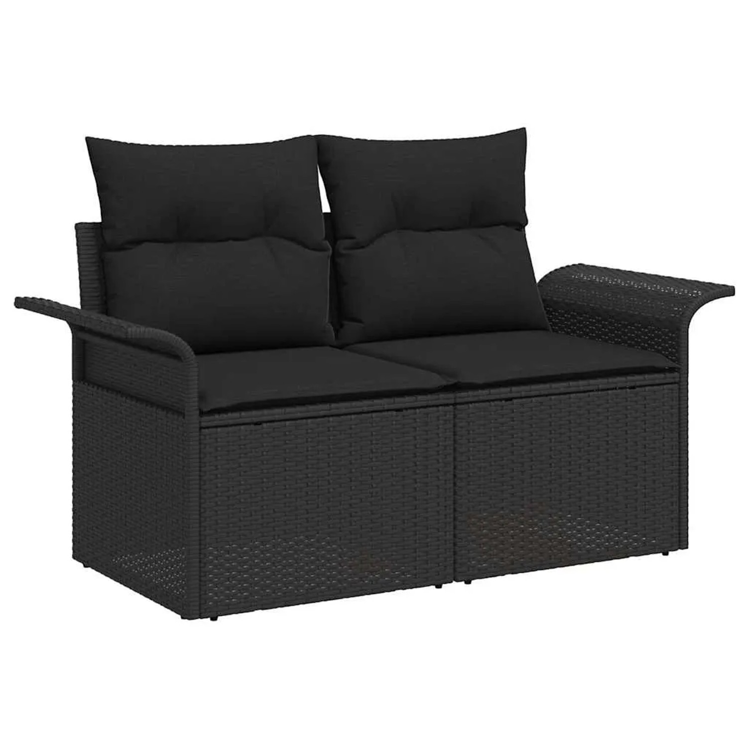Schwarzes 2-Sitzer Gartensofa aus Poly Rattan mit Kissen, Teil eines modularen vidaXL Gartenmöbel Sets.