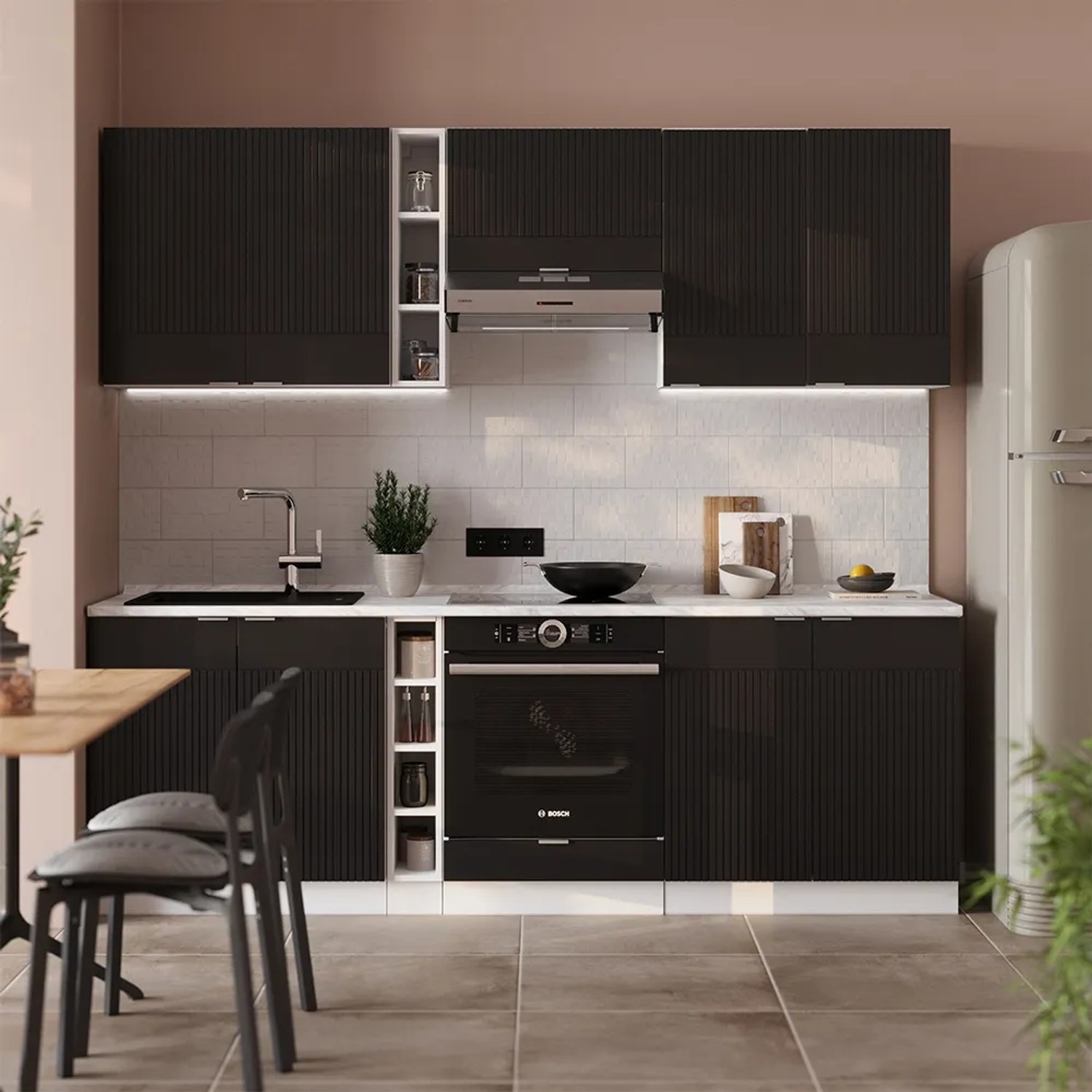 Moderne Küchenzeile Fame-Line in Schwarz/Weiß mit anthrazitfarbener Arbeitsplatte, 235 cm breit.