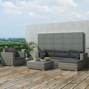 Graues 6-tlg. Garten Lounge Set aus Polyrattan mit Auflagen. Gartenmöbel für Terrasse und Balkon.