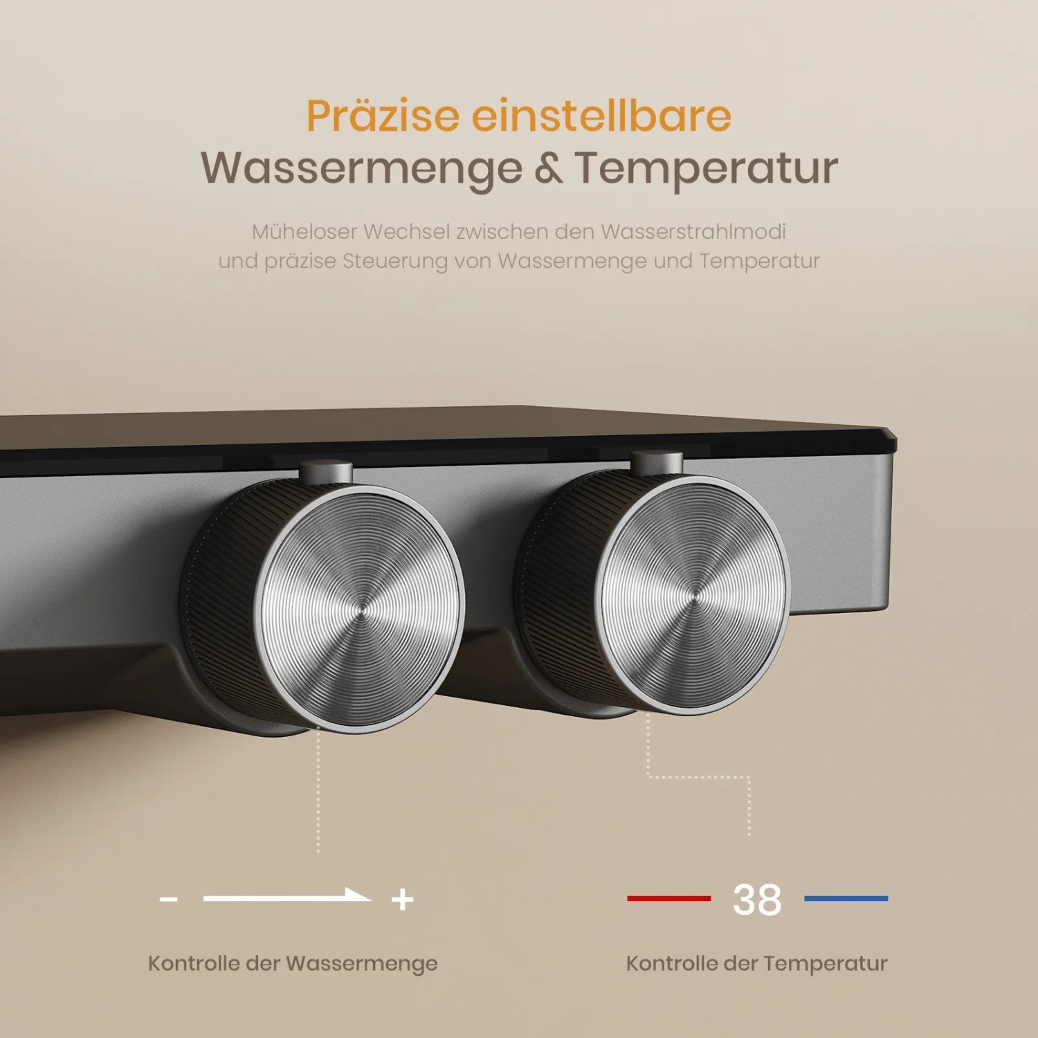 Detailaufnahme des Emke Duschsystems mit Thermostat in Anthrazit: Drehregler für Wassermenge und Temperatur.