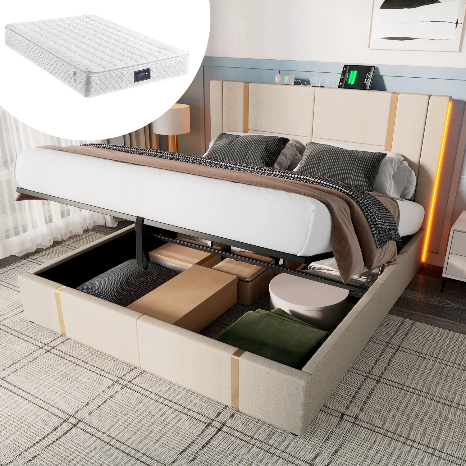 Merax Polsterbett 140x200cm LED USB-C App Beige Leinen