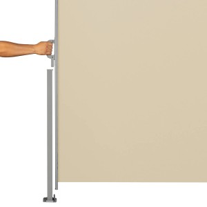 Ausgezogene, beige Svita Seitenmarkise 300x160cm als Sichtschutz.