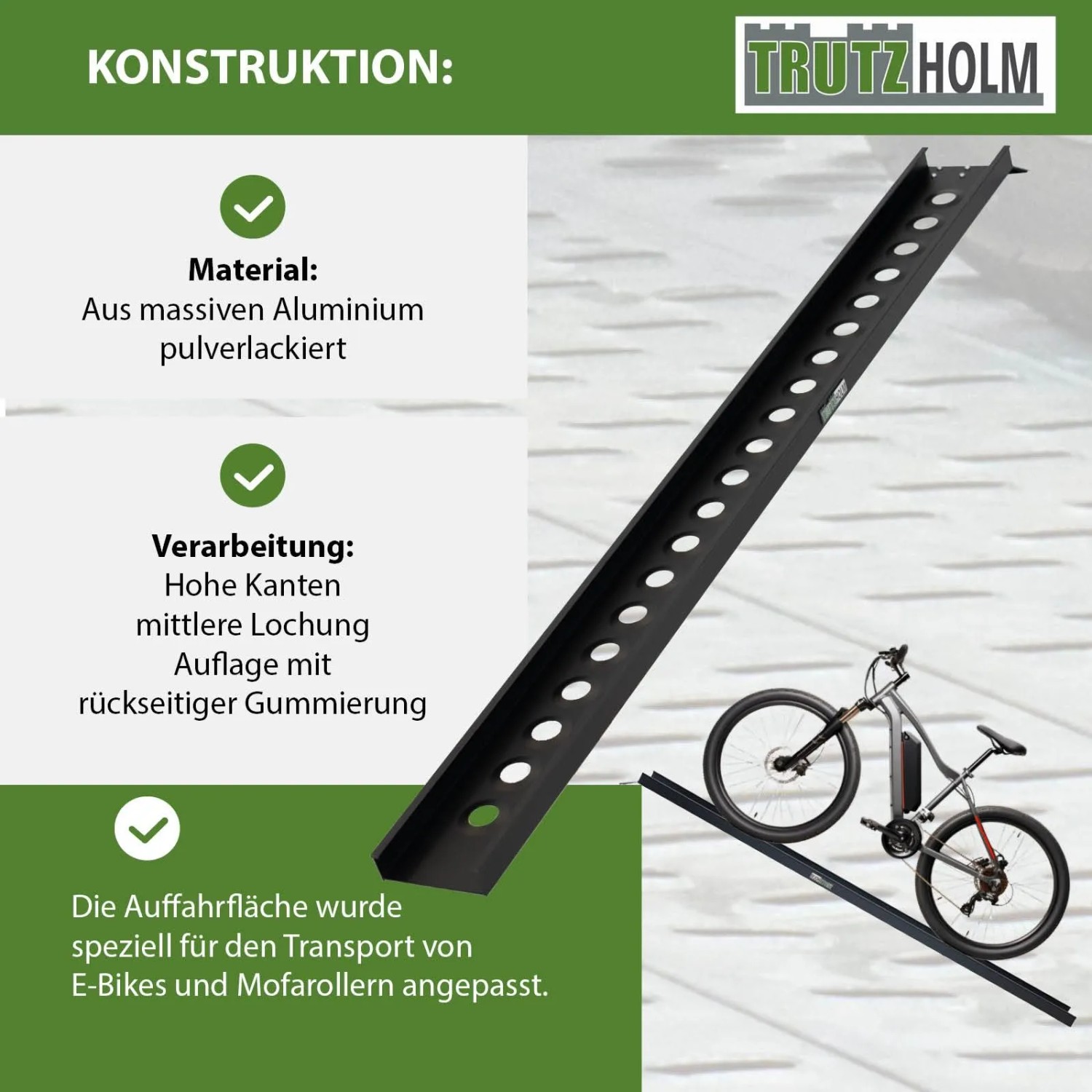 TRUTZHOLM Auffahrschiene, 194 cm, Alu, schwarz, mit E-Bike auf Rampe. Zubehör für Autoanhänger.