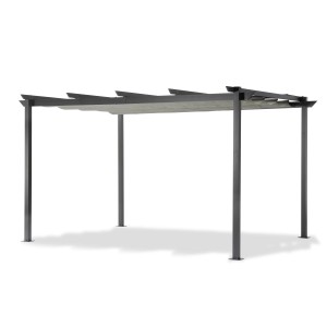 Leco Pergola, 4x3 m, lichtgrau. Pavillon mit Faltdach aus Polyesterstoff und Gestell aus Aluminium und Stahlrohr.