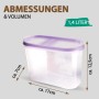Bestlivings Frischhaltebox Schüttdose 1,4L, lila Deckel, transparente Dose. Vorratsdose mit Abmessungen.