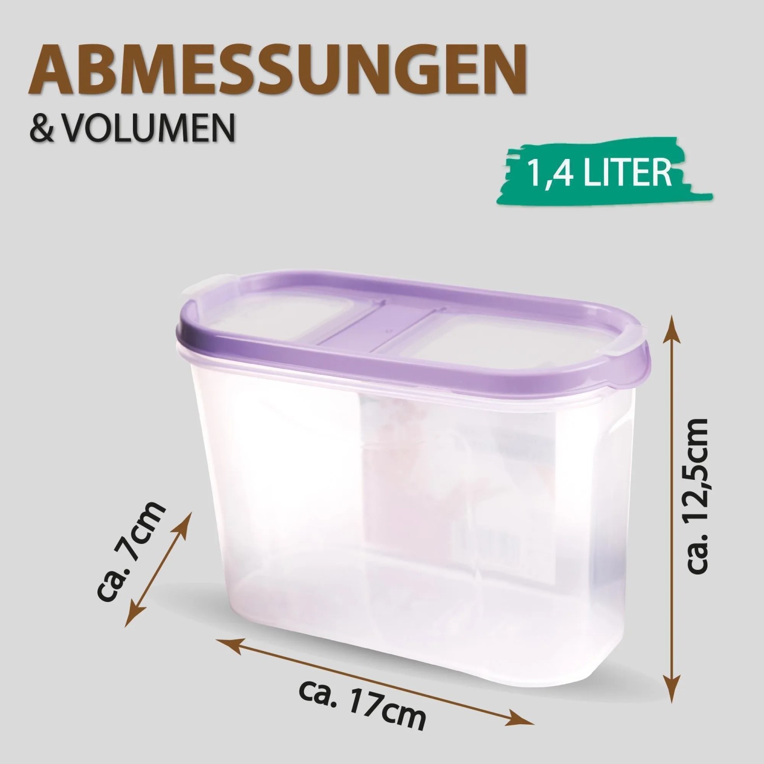 Bestlivings Frischhaltebox Schüttdose 1,4L, lila Deckel, transparente Dose. Vorratsdose mit Abmessungen.