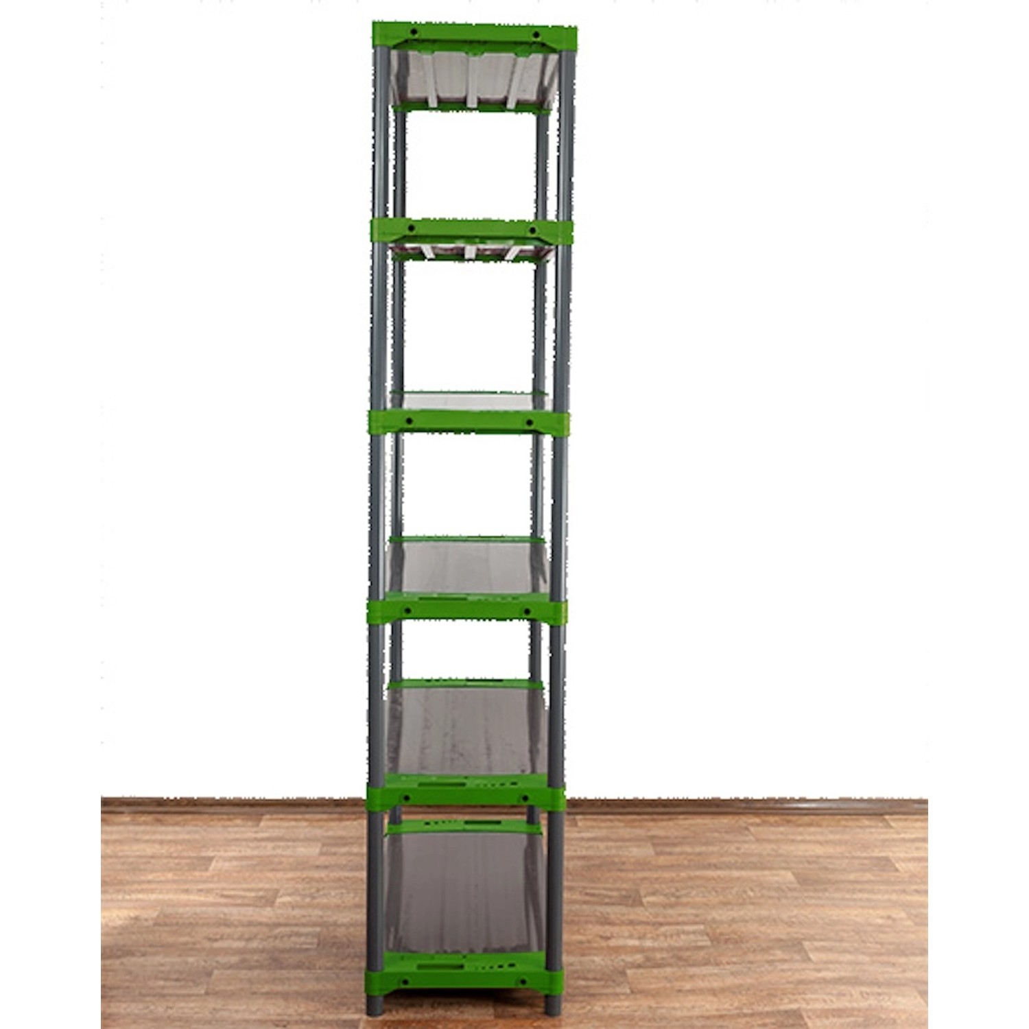 Hohes, graues Kunststoffregal mit grünen Akzenten und 6 Böden. Ideal für Keller, Garage oder Abstellraum.