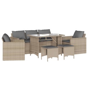Beige 6-tlg. vidaXL Garten-Sofagarnitur aus Rattan mit Tisch, Sofa, Sesseln und Hockern mit grauen Kissen.