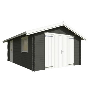 Lasita Garage Yarik, grau-grüne Fertiggarage mit Doppeltor, Tür und Fenster.