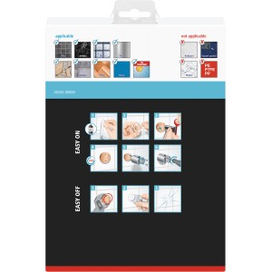 Verpackung des Tesa Duschabziehers Spaa verchromt mit Montageanleitung.