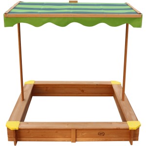 Axi Sandkasten Lily mit Dach, 118x118 cm, aus FSC®-Holz mit grün-gestreiftem Sonnenschutz.