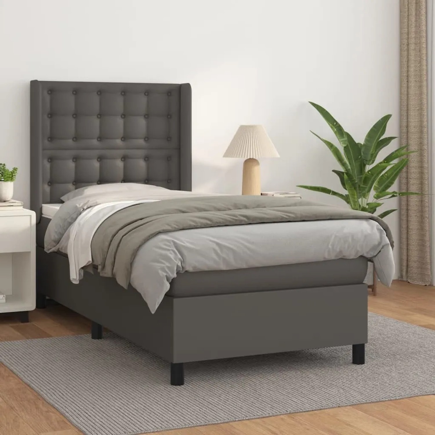 Graues vidaXL Boxspringbett (90x200 cm) mit Kunstleder und Matratze. Bett mit gestepptem Kopfteil.
