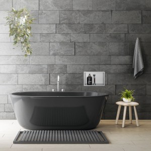 Eingebaute LuxeBath Wandnische aus Edelstahl, 20x30x10 cm, silberfarben, im modernen Badezimmer.