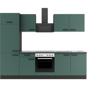Moderne OPTIFIT Küchenzeile Verona405 in Steingrün mit Elektrogeräten und schwarzer Dunstabzugshaube.