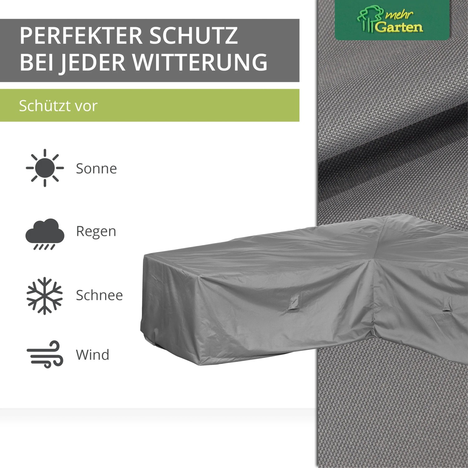 Graue Schutzhülle für eine L-förmige Loungegruppe, schützt vor Sonne, Regen, Schnee und Wind.