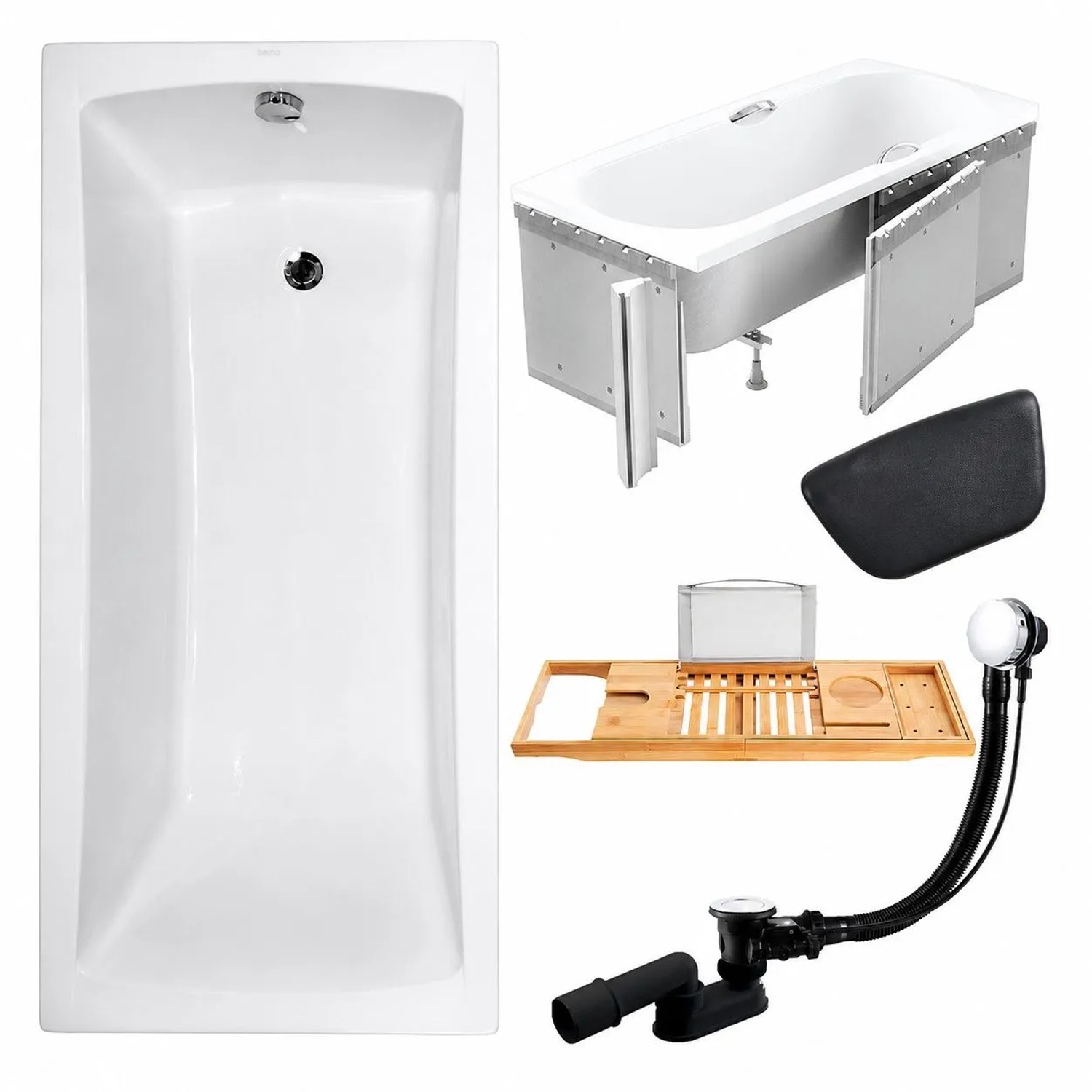 KOLMAN Badewanne Rechteck 140 x 70 Cm Mit Styroporverkleidung Mit Bambus Badewannenablage Mit Kopfstütze KODI Inkl. Ablauf Und Füße