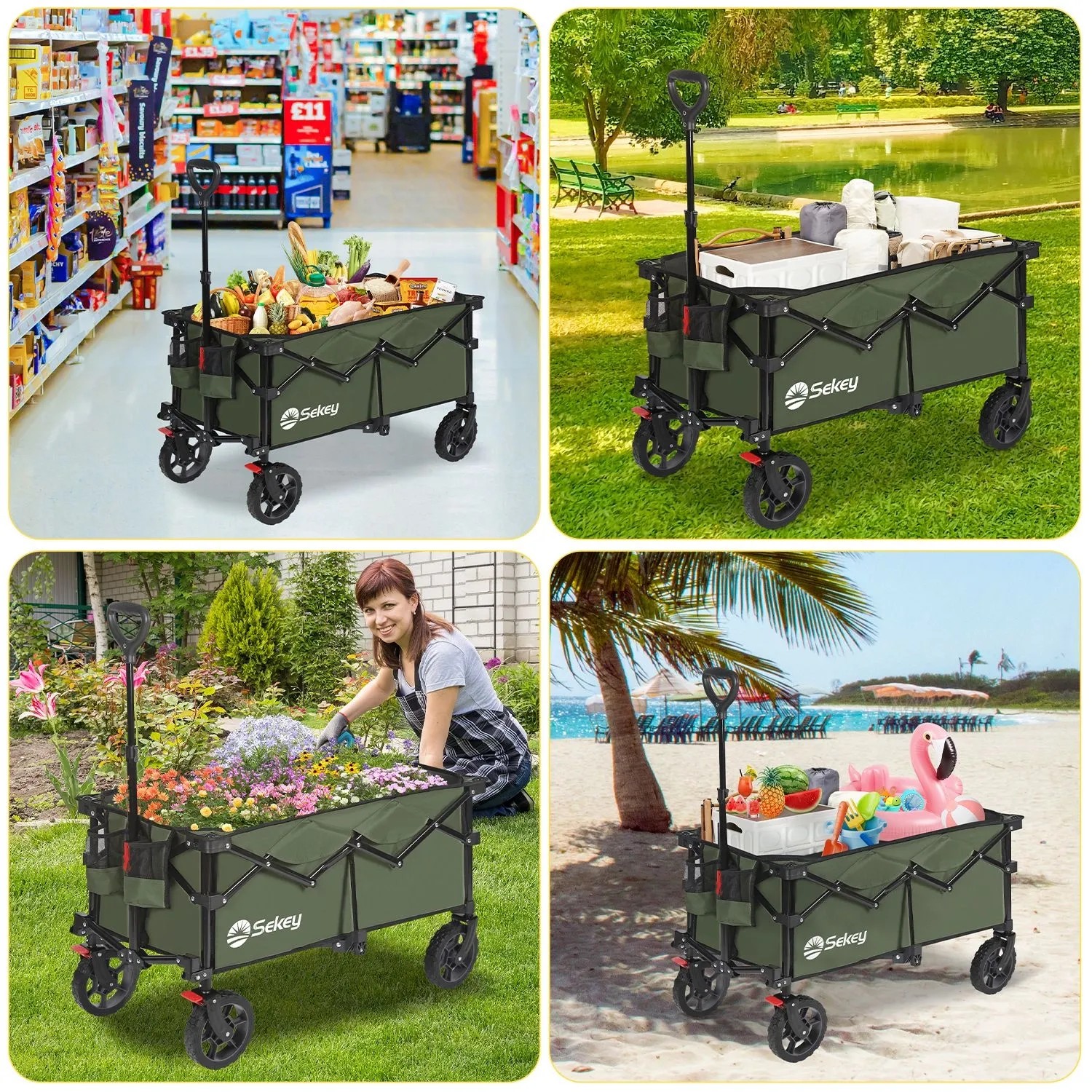 Sekey Bollerwagen, faltbar, olivgrün, mit verstellbarem Griff, ideal für Camping und Einkäufe.