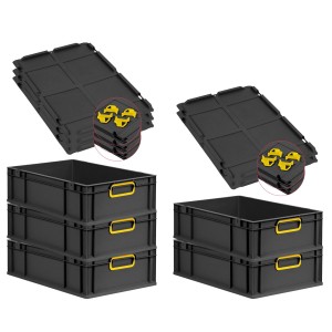 PROREGAL SuperSparSet: 5 schwarze Euroboxen mit gelben Griffen und Auflagedeckel. Ideal zur Aufbewahrung.
