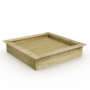 Quadratischer Wickey Sandkasten King Kong aus Holz mit Deckel, gefüllt mit Sand.