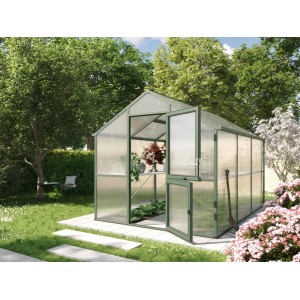 KGT Gewächshaus, Tannengrün, 7,53 m², mit geöffneter Tür im Garten.