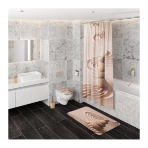 Bad mit Sanilo Zen Badematte, Duschvorhang und WC-Sitz mit Zen-Motiv.