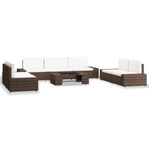 Braunes 8-tlg. vidaXL Garten-Lounge-Set aus Poly Rattan mit cremeweißen Polstern und Tisch.