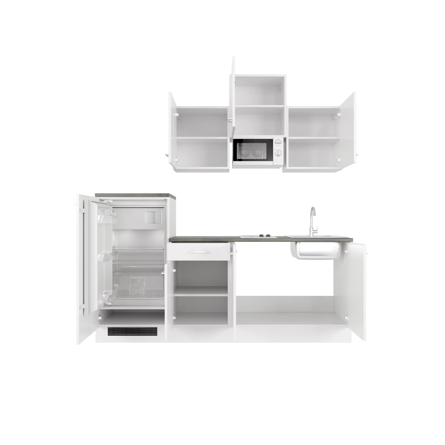 Flex-Well Küchenzeile Lucca, 210 cm, Weiß matt/Caledonia Dekor, mit E-Geräten wie Kühlschrank und Mikrowelle.