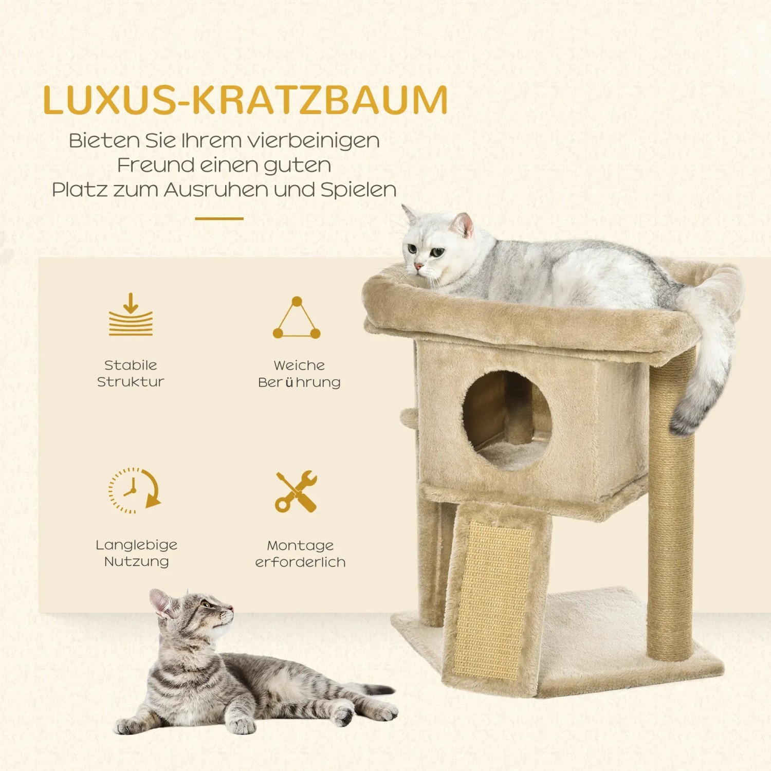 Beiger PawHut Kratzbaum (57cm) mit Katzenhöhle, Liegefläche und Spielball. Zwei Katzen sind im Bild.