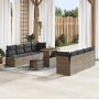 vidaXL 11-teiliges Garten-Sofa-Set aus grauem Rattan mit Akazienholz und grauen Kissen.