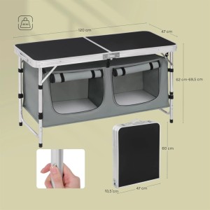 WOLTU Campingtisch, höhenverstellbar, mit Stauraum, schwarz-grau. Ideal für Camping und Outdoor-Aktivitäten.