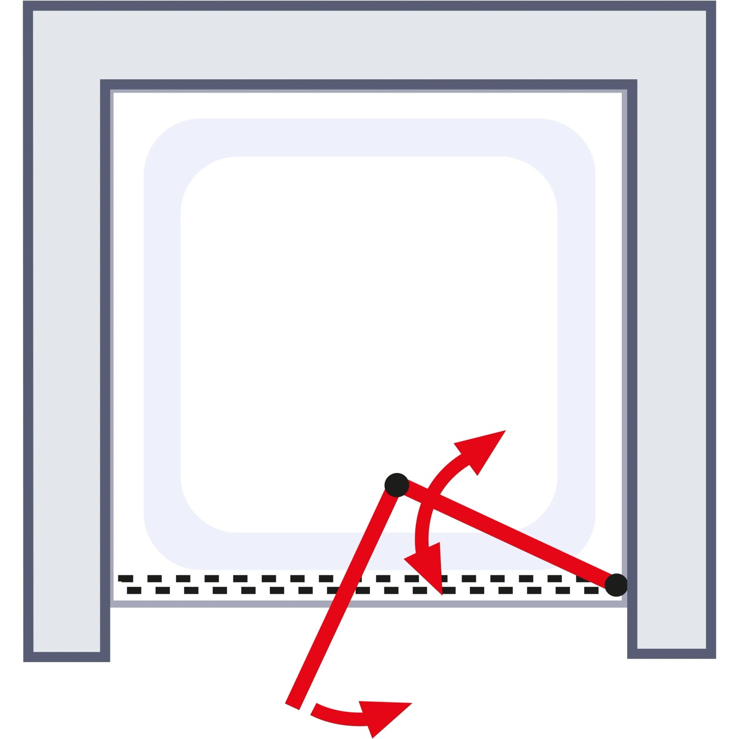 Illustration einer Schulte ExpressPlus Drehfalttür in Nische, Chromoptik, mit Drehfunktion.