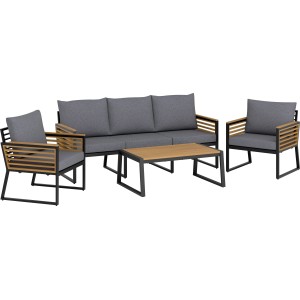 4-teilige Loungegruppe Folkston aus Akazienholz und Aluminium mit grauen Kissen.