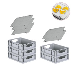 PROREGAL Spar Set: 5 graue Euroboxen mit Deckel und gelben Schiebeschnappverschlüssen.