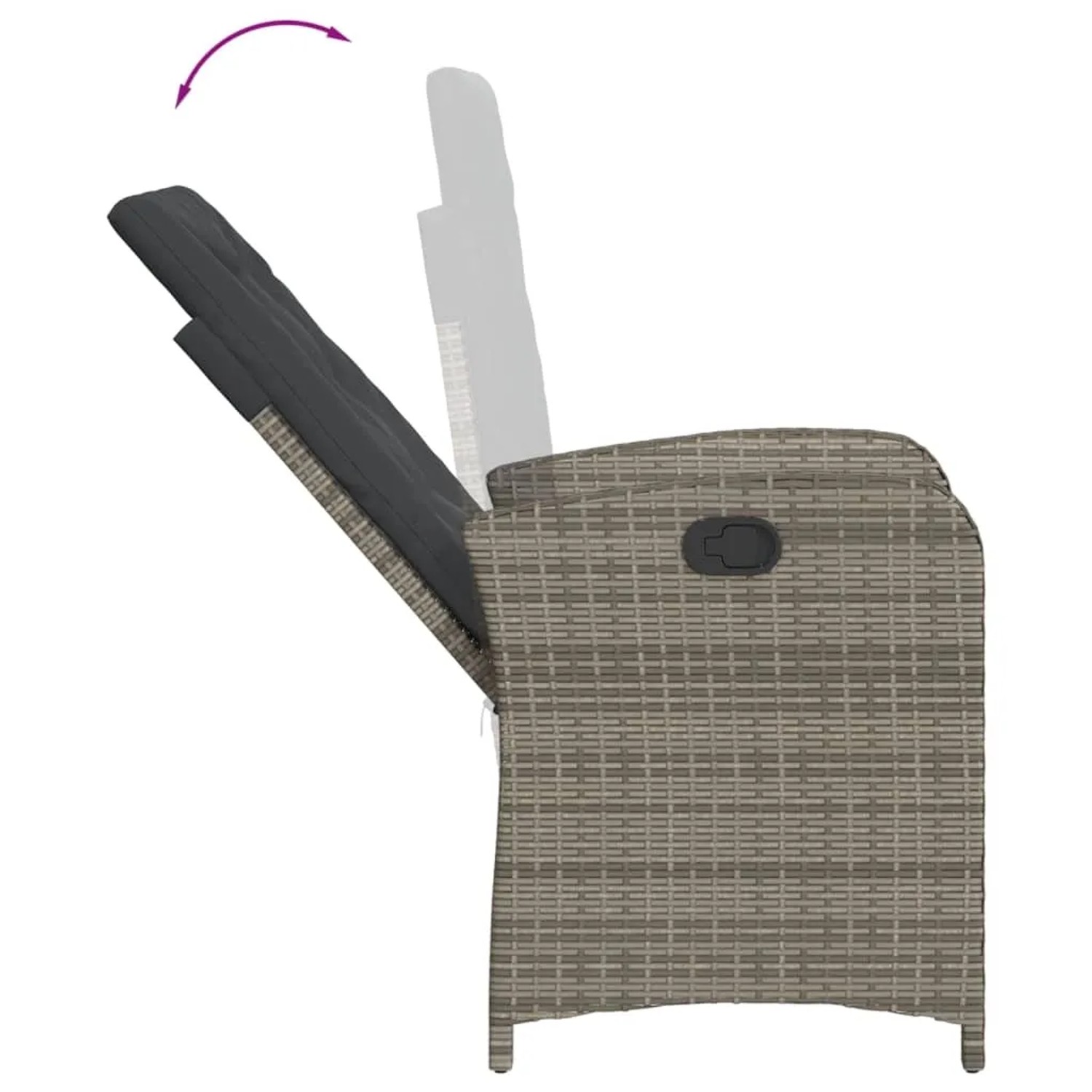 Verstellbarer Gartensessel aus grauem Poly Rattan mit Kissen, Seitliche Ansicht.