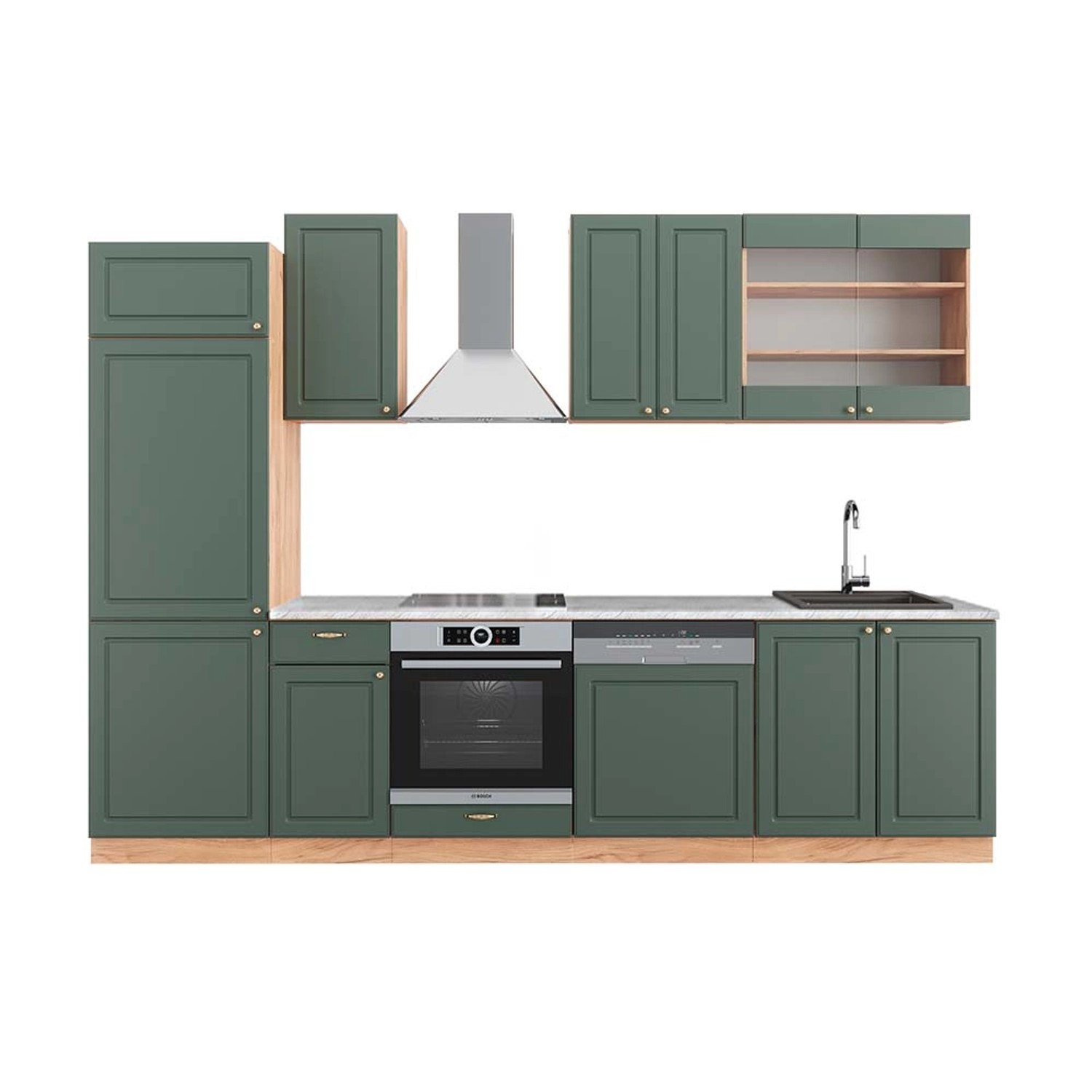 Vicco Fame-Line Küchenzeile Grün-Gold Landhaus/Goldkraft Eiche 300 cm AP Ma günstig online kaufen