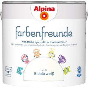 Alpina Farbenfreunde Eisbärweiß, seidenmatte Kinderzimmerfarbe im Farbeimer.
