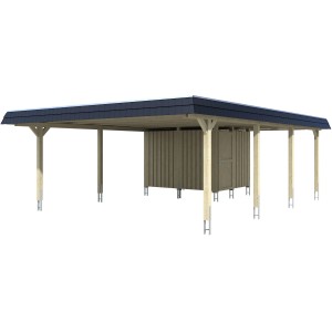 Skan Holz Doppelcarport Wendland mit Anbau, schiefergraues Leimholz, Aluminiumdach schwarz.