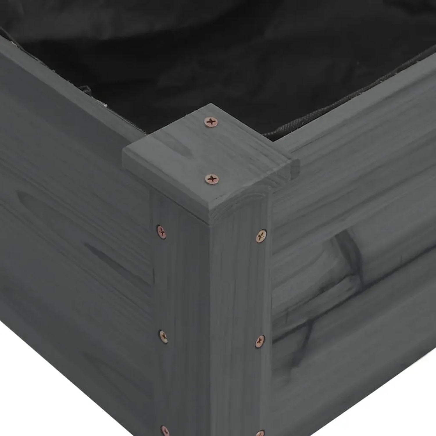 Graues vidaXL Hochbeet aus Tannenholz mit Vlieseinsatz, Detailansicht Ecke.