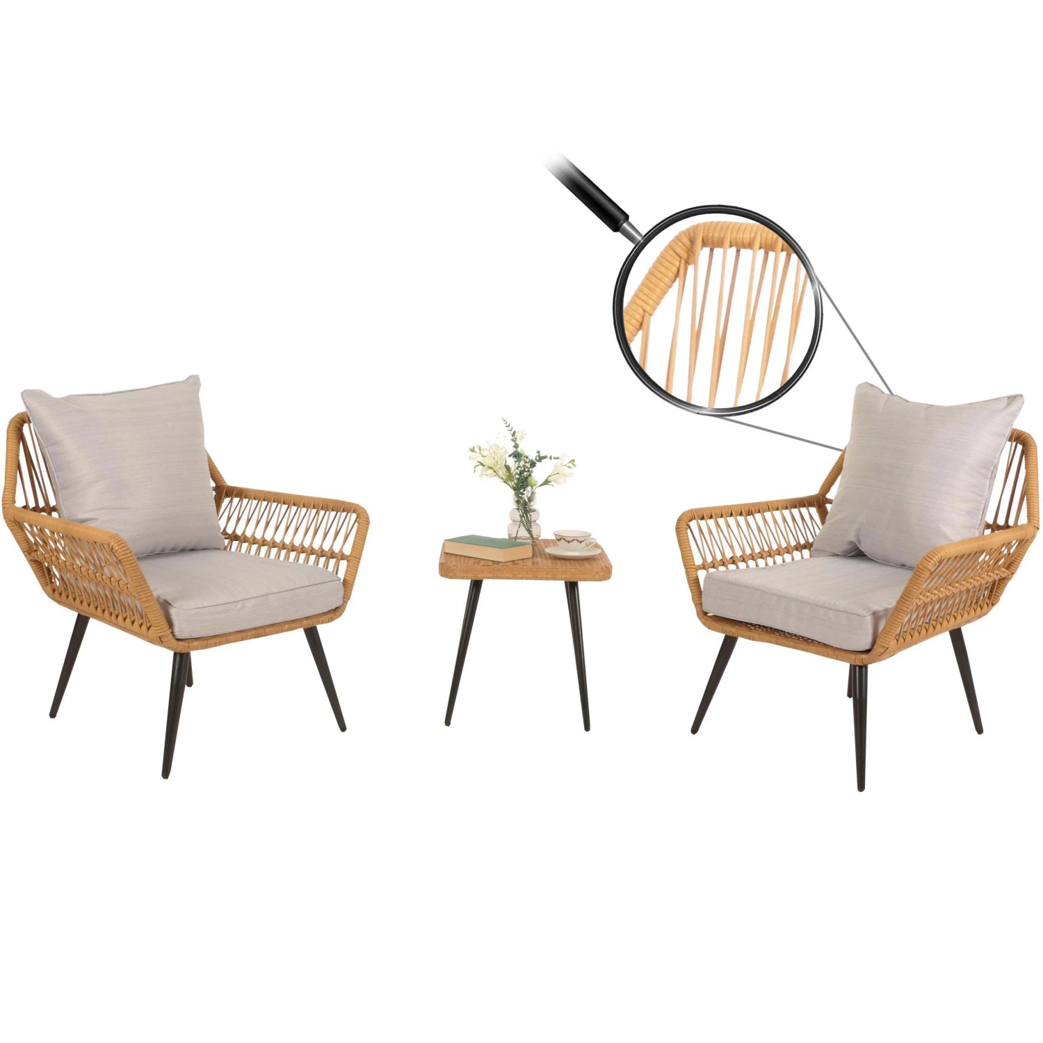 Proregal Poly-Rattan Balkon-Set: 2 hellgraue Sessel, Beistelltisch mit Rattanplatte. Gartengarnitur Sitzgruppe.