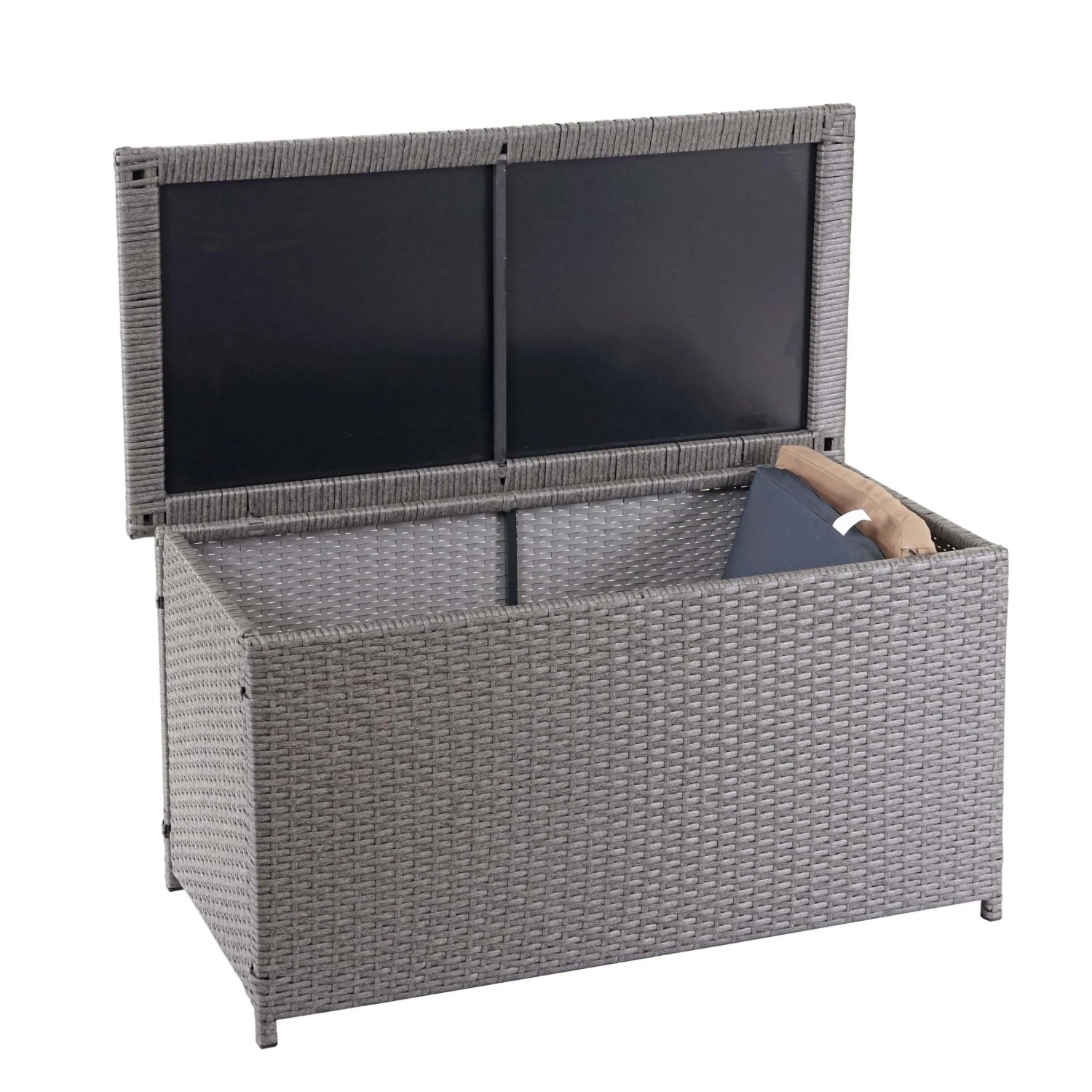 Geöffnete graue Poly-Rattan Kissenbox (170l) von MCW, ideal zur Aufbewahrung von Gartenutensilien.