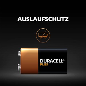 Detailaufnahme Duracell 9V Batterie mit Auslaufschutz-Symbol.