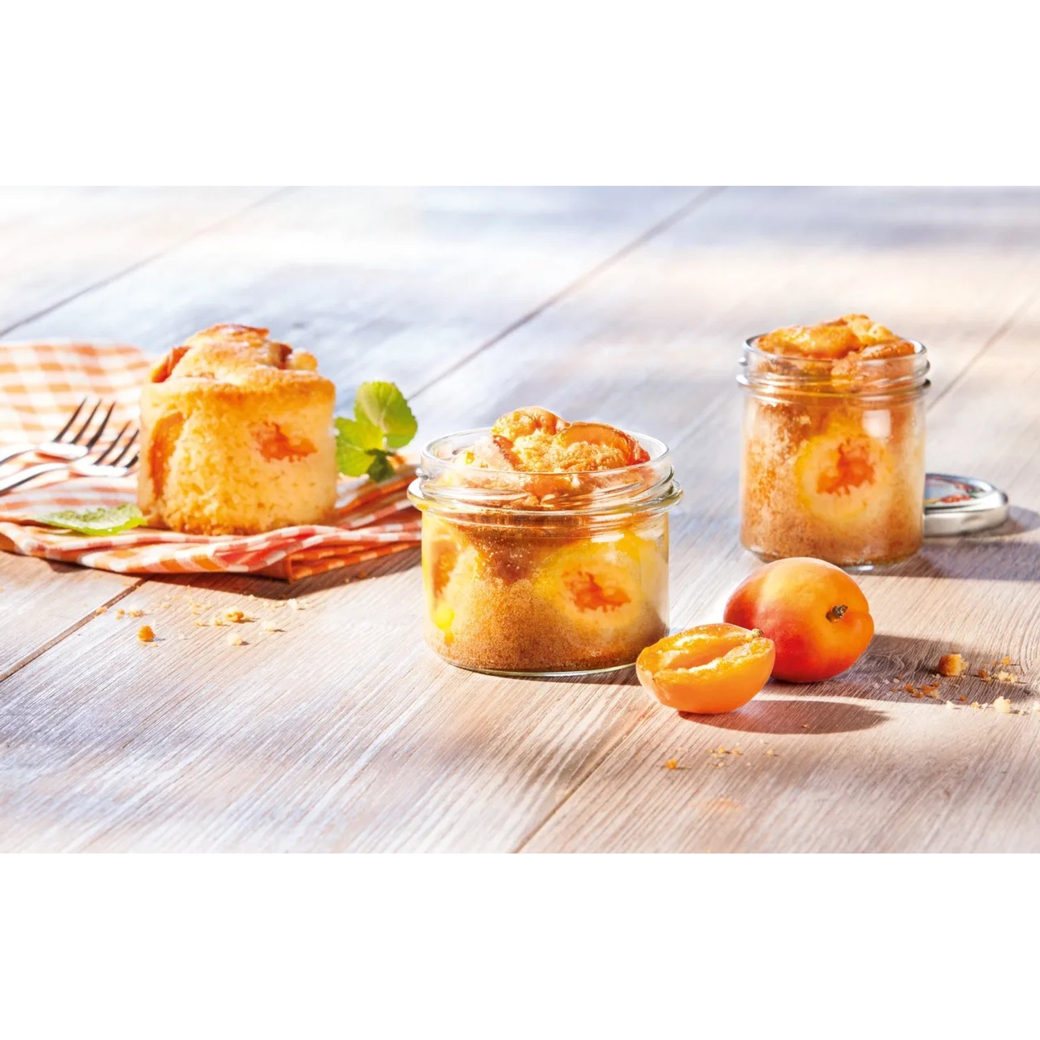 Leifheit Sturzgläser 167ml mit Kuchen und Aprikosen, ideal zur Aufbewahrung und zum Servieren.