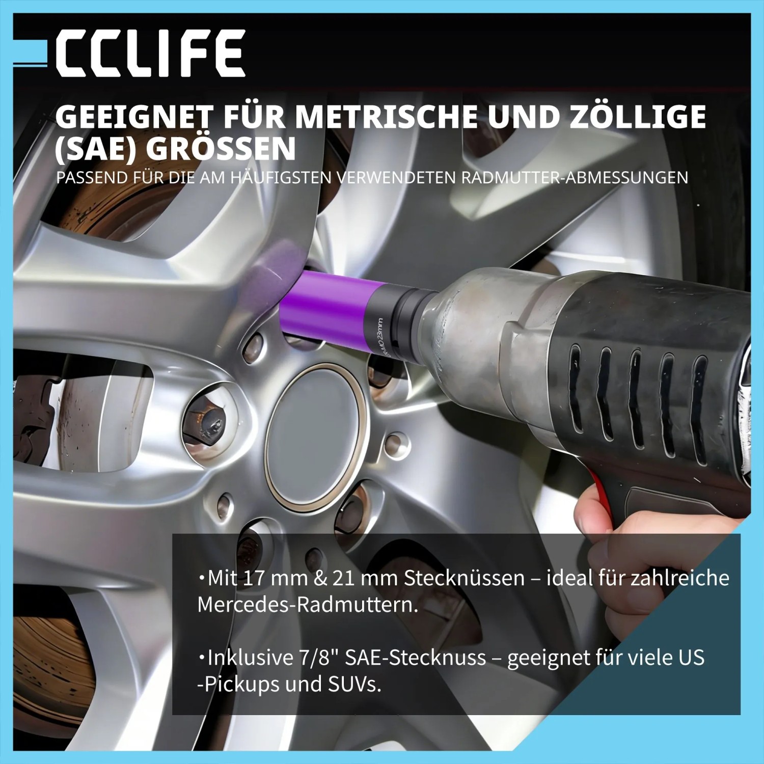 Hand benutzt Schlagschrauber mit lila 1/2 Zoll Kraft Stecknuss an Alufelge. Felgenschutz für Radmuttern.