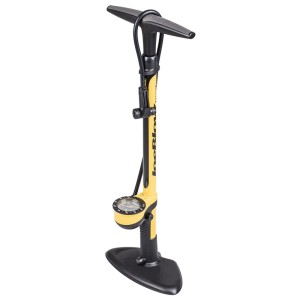 Gelbe Topeak JoeBlow Sport III Standpumpe mit schwarzem T-Griff und Manometer.