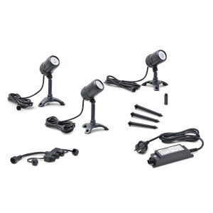 Oase LunAqua Connect M 3er-Set: Teichbeleuchtung mit 3 Spots, Kabeln, Verteiler und Netzteil.