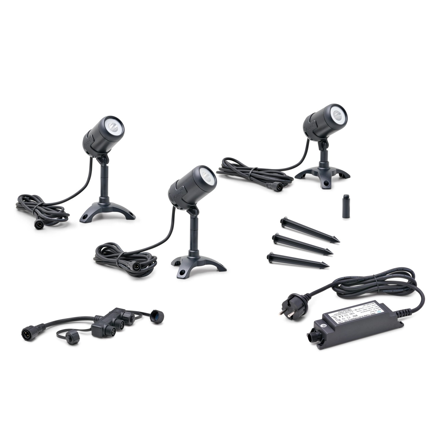 Oase LunAqua Connect M 3er-Set: Teichbeleuchtung mit 3 Spots, Kabeln, Verteiler und Netzteil.