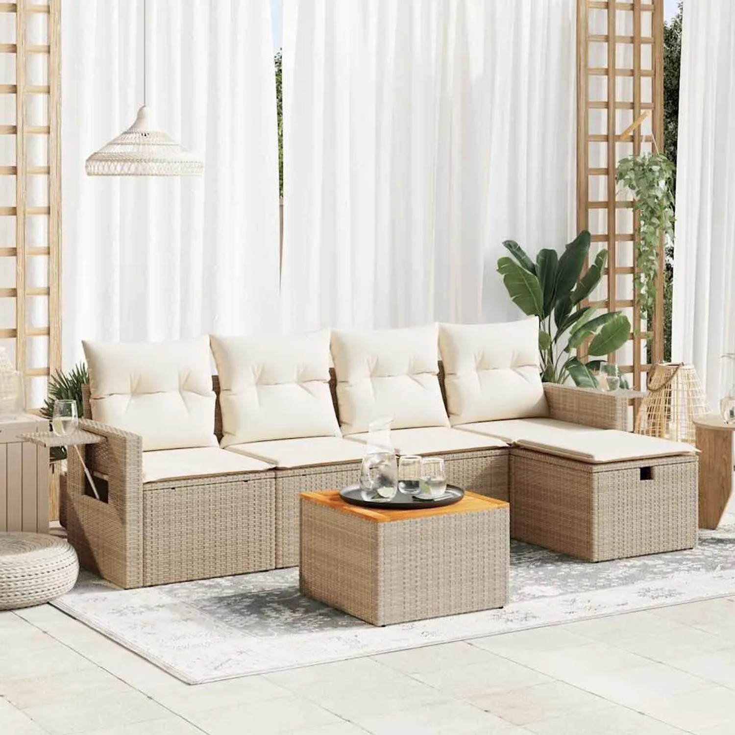 Beige 6-tlg. vidaXL Garten-Sofagarnitur aus Rattan mit Kissen für Terrasse und Garten.