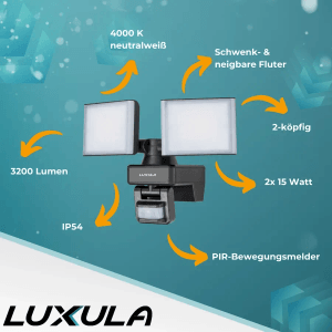 LUXULA LED Strahler mit Bewegungsmelder, 2x15W, neutralweiß, für Außenbereiche.