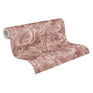 Livingwalls Vliestapete mit 3D Blumenmuster in Rosa und Weiß.